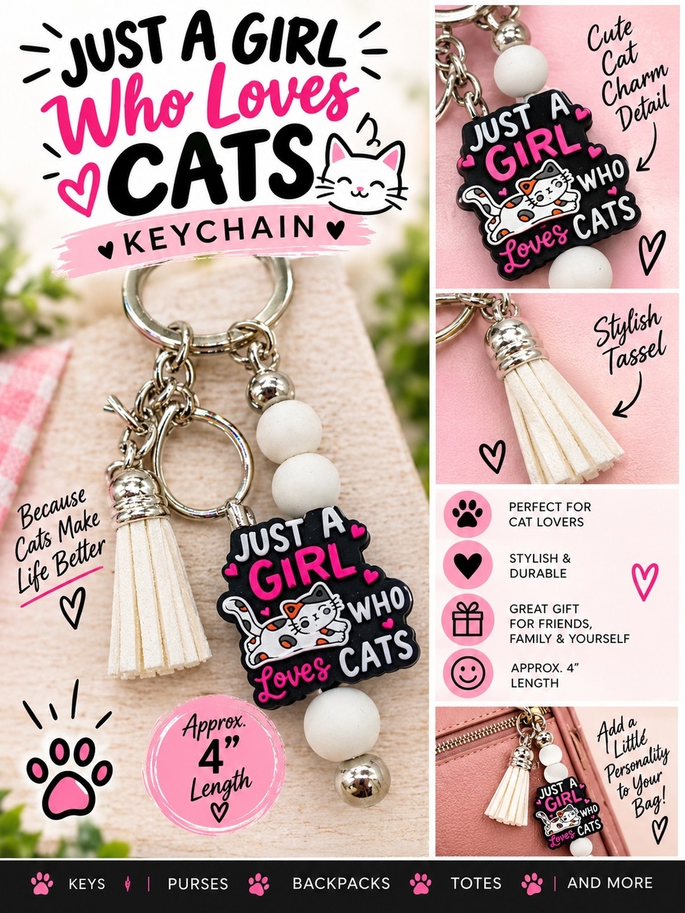 A75. Just a Girl Who Loves Cats Keychain Pink & White NWT
